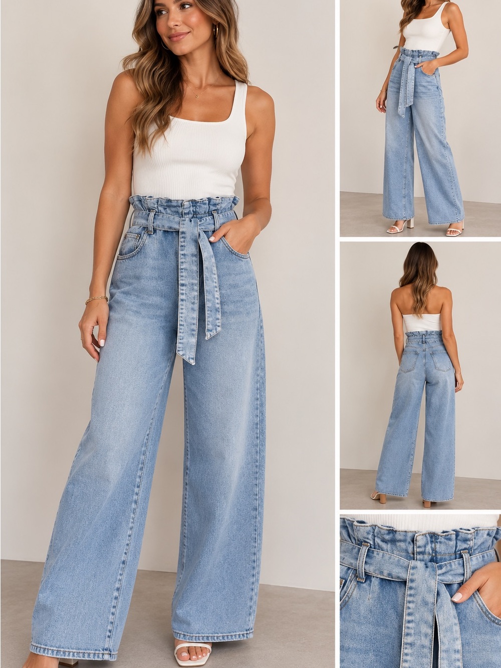 Express Paperbag High Rise Wide Leg Jeans Tie Waist Light Wash Size 4